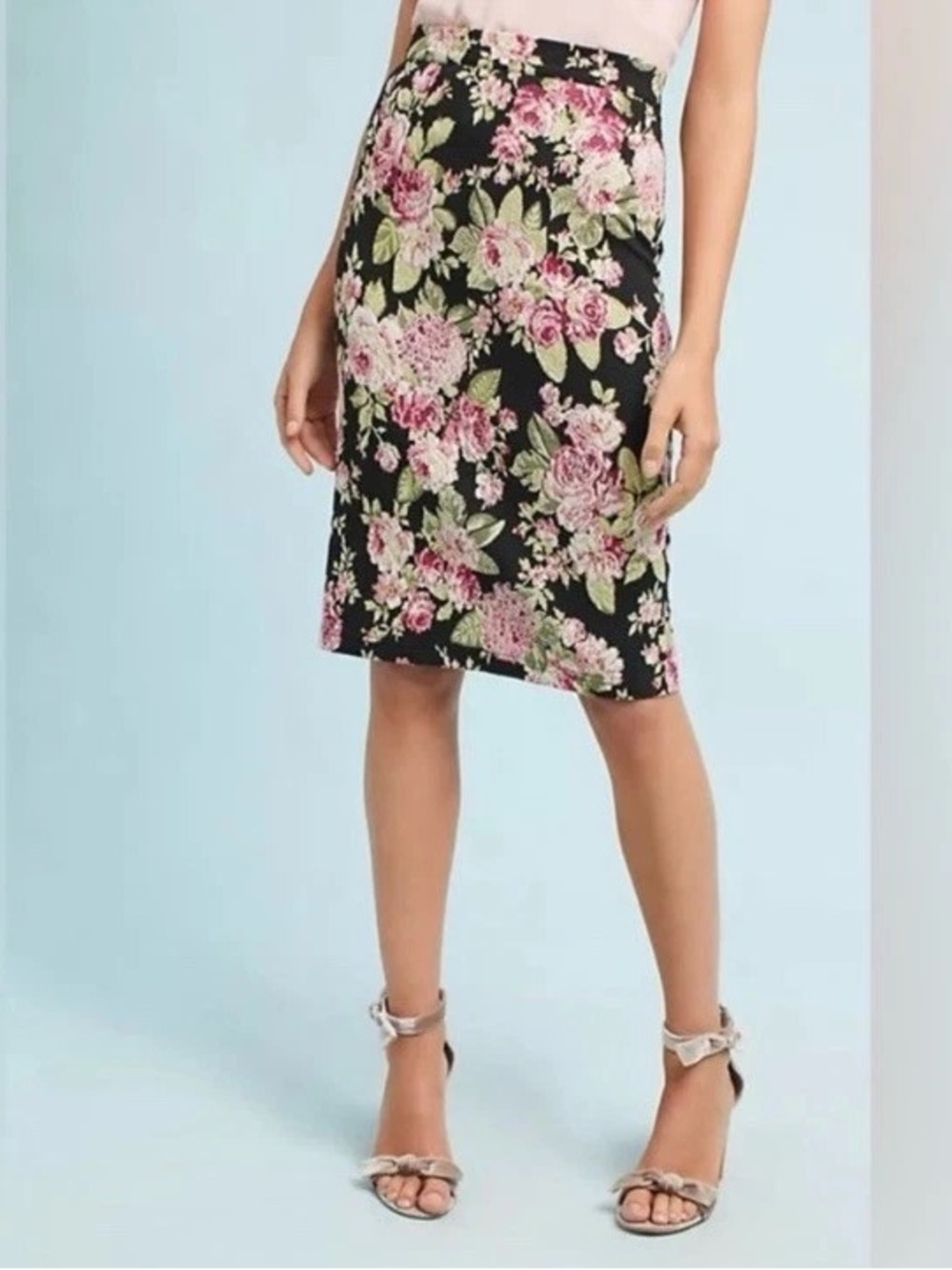 Maeve by Anthropologie Black Floral Pencil Skirt with Pink Blooms